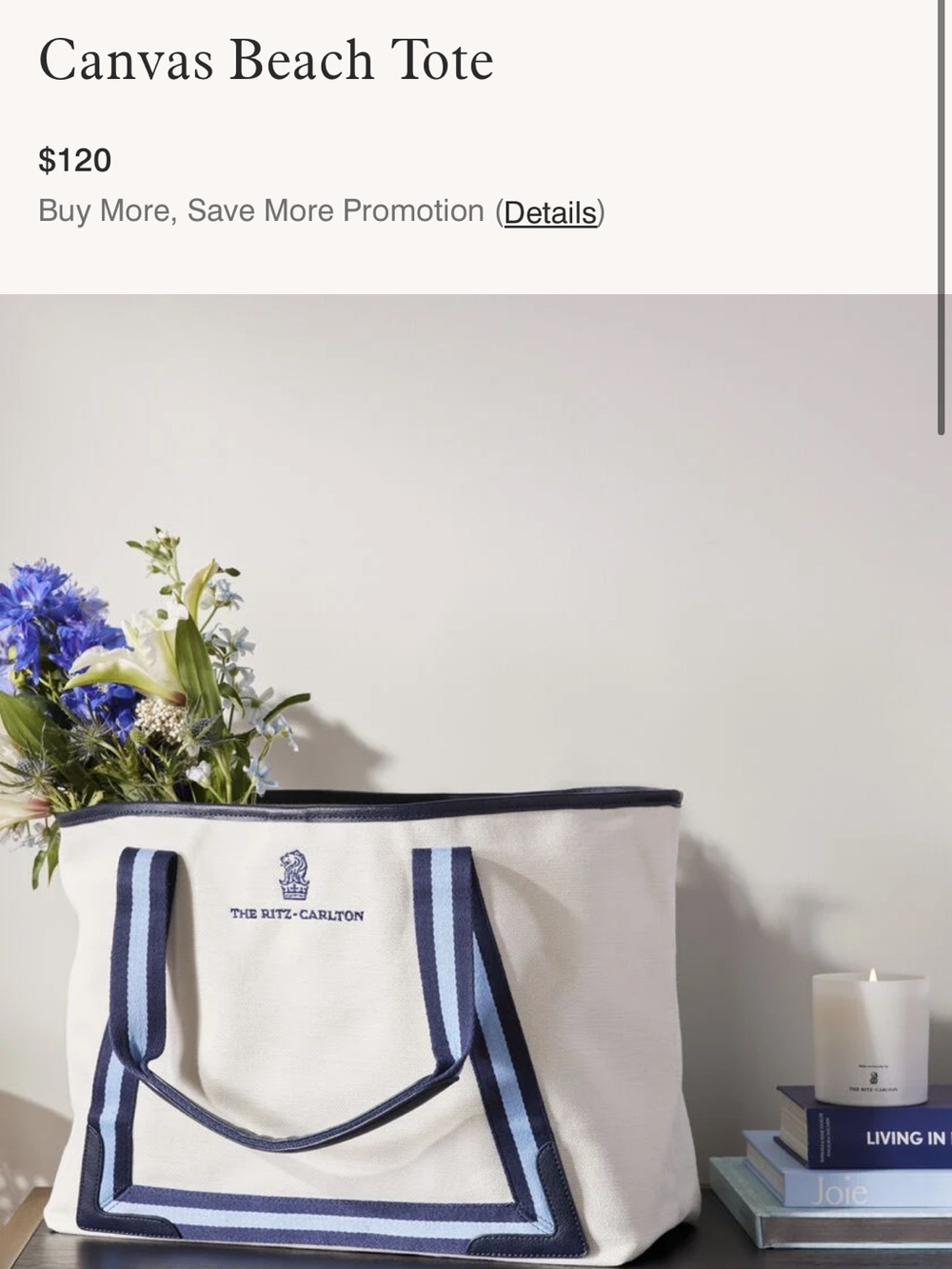 Ritz Carlton Canvas Beach Tote — White with Navy Trim